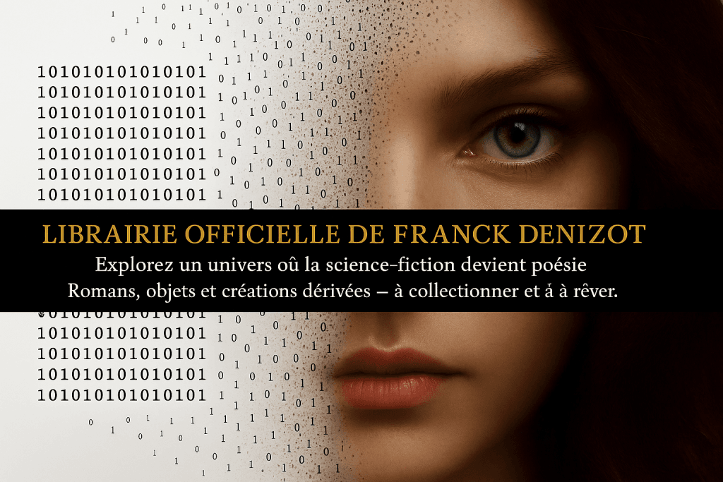 Face féminine mi-digitale mi-humaine sur fond de code binaire, affiche officielle de la Librairie Franck Denizot : science-fiction, poésie et créations dérivées à collectionner.